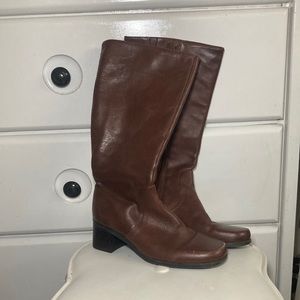 Warm, chocolate, brown leather boots with a kitten heel